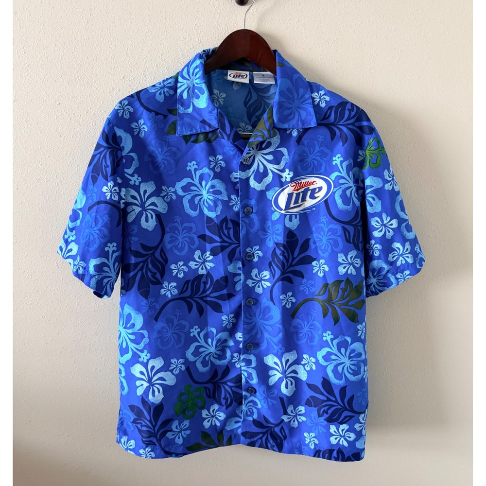 Miller Lite Hawaiian Shirt Mens M Blue Tropical Hibiscus Floral Beer Logo Y2K
